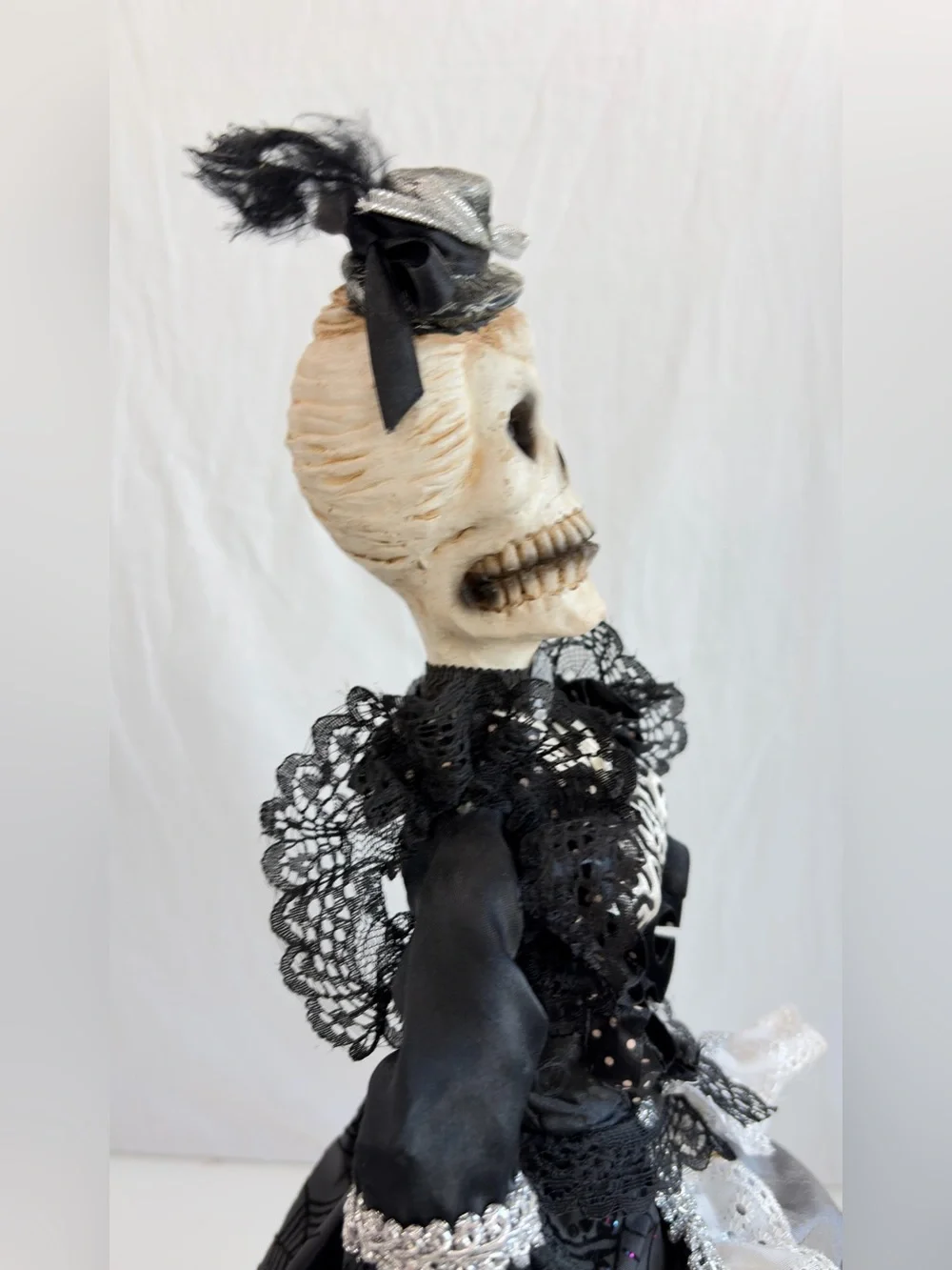 Halloween decor Day of the Dead skeleton doll Black Victorian Dress **Flawed